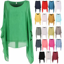New Womens Italian Lagenlook Silk Plain Batwing Kimono Lined Tunic Top Plus Size