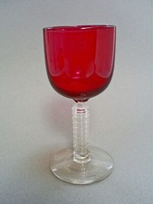 ANTIQUE VICTORIAN 5.4 " CRANBERRY WINE GLASS CLEAR PRISM FACETED DOUBLE STEM