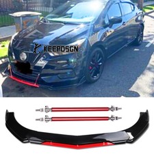 For Nissan Versa Micra Gloss Black + Red Front Bumper Lip Splitter 2x Strut Rods