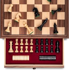 A&A 15 inch Walnut Wooden Chess Sets w/Storage Drawer/Triple Weighted Chess Piec