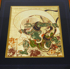 Fujin God Gold Brocade Panel Framed Japanese Textile Art Vintage Oriental Decor