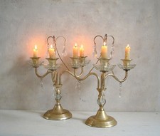 Vintage Pair French Style 3 Arm Candelabras, Blown Glass, Brass Gold Effect