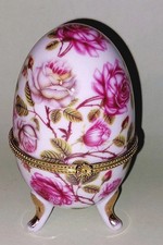 Regal Porcelain Egg Trinket Box Pink Flowers Floral Pattern Hinged Lid RefA 
