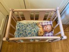Vintage 1950’s Drop Side Dolls Cot with Vintage Pillow & Quilt. Doll Not Inc