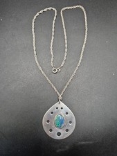 Vintage Opal & Sterling Silver Large Modernist Pendant 20" Rope Necklace 15.5g