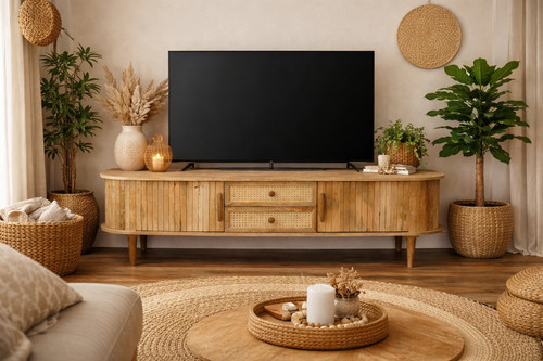 Mango wood cabinet rattan - tv,