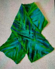 Unique Merino Wool Felt Scarf, Handmade Wet-Felted Lattice: Green Blue: New