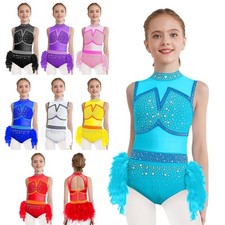 Kids Girls Jazz Latin Dance Performance Costume Sleeveless Rhinestones Leotard