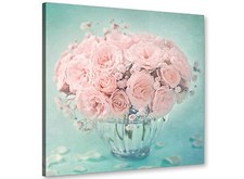 Duck Egg Blue & Pink Roses Flower Floral Shabby Chic Canvas 64cm Square - 1s287m
