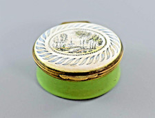 ANTIQUE c19th CENTURY BILSTON ENAMEL PATCH BOX CHURCH SCENE