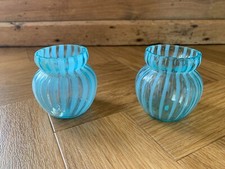 Pair of antique Victorian Turquoise Colour Vaseline Glass Small Posy Vases