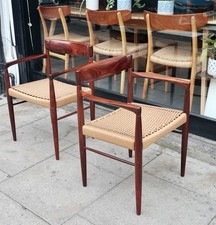 Pair vintage Danish rosewood & paper cord carver chair by H W Klein for Bramin