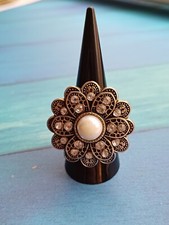 Modern Ornate Gold Tone, Diamante & Imitation Pearls Flower Ring Size Q