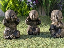 3pc Wise Buddha Baby Statues Stone Garden Ornaments Cute Hear See Speak Set