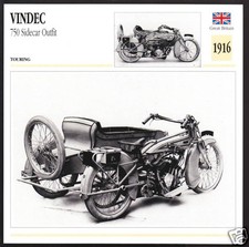 1916 Vindec 750cc Sidecar Outfit (770cc JAP) Motorcycle Photo Spec Sheet Card