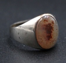 WHITE GOLD PLATE .925 SILVER MOSS AGATE Modern Signet Ring, Size O, 3.52g - W45