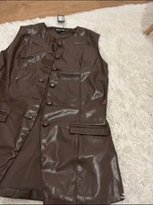 PRETTYLITTLETHING Brown Longline Faux Leather Waistcoat Size 14 Woman Bnwt New