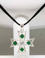 Vtg Maltese Cross Solid 925 Silver Green Onyx & Rhinestone Pendant Hallmarked