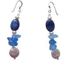 Real Kyoto coin pearl blue agate sodalite gem 925 silver femme dangle earrings