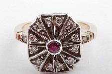 Ring 585 14k Yellow Gold Antique Art Deco Ruby and Octagonal Cut Diamonds.