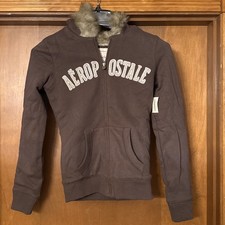 Aeropostale Faux Fur Lined Zip Up Hoodie Brown Y2K Style