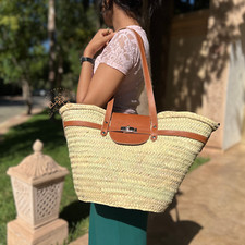 Moroccan handmade large straw french baskets with leather straps