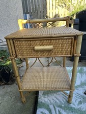Vintage Wicker Rattan Bedside Table Retro Boho Tiki Style