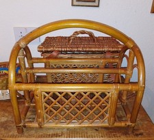 Vintage Boho Bamboo Magazine Holder Rack Retro Wicker Cane  Storage 1970s /80s