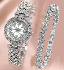 SILVER GOLD Watch + Bracelete Fashion Ladies Wristwatches Women Crystals Bling
