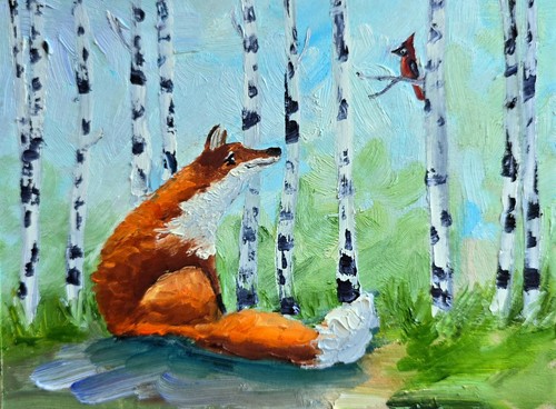 Fox bird oil painting - fox,