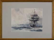 Watercolour of a boat approaching a drilling rig.