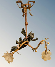 Antique French Bronze and Ormolu Chandelier  Twin Light with Angelic Cherub