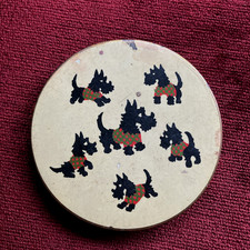 Likely Antique Powder Compact, Scottie Dog Design, Enamelled Lid, Mirror, Sifter
