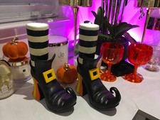Halloween Witches Boots Shoes Striped Sock Light Up Candle Ornament Decor