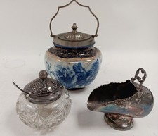 Antique Silver Plate & Ceramic Tableware Bundle inc Biscuit Barrel 8" H x 6" Dia