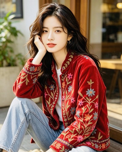 Women red velvet floral - red,