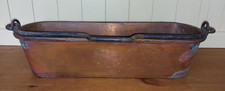 Antique French copper fish kettle, trough planter, roll top, wrought iron handle
