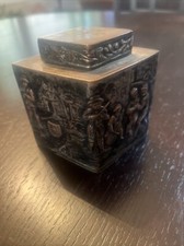 Antique  Victorian Tea Box Silver Plate Repoussage/Chase With Lid Street Scenes