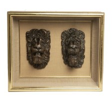Two Antique Carved Oak Lion Mask Heads 17th / 18th Century in Shadow Box Case