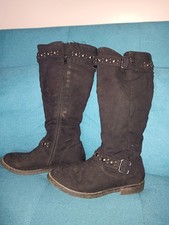 black zip up knee length flat boots womens 4 with stud detail
