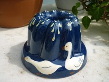 Vintage Ceramic Kugelhopf Bundt Cake Pan Jelly Mould, Blue Hand Painted Geese