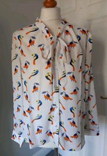 BNWT Novelty Toucan Bird Print Pussy Bow Blouse Cream Orange Blue Uk 12