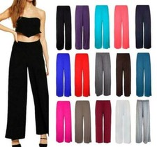 New Womens Ladies Plain Palazzo Trousers Flared Wide Leg Pants Leggings Trousers