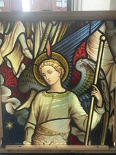 ANTIQUE STAINED GLASS WINDOW PAIR ST RAPHAEL IN 2 PIECES STUNNING CHURCH WINDOW