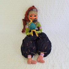 Indian Vintage Man Puppet, Hand Crafted Wooden Head, Patterned Fabric Body 59cm