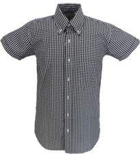 Short Sleeved Black Gingham Check Cotton Rich Vintage/Retro Mod Button Down Shir