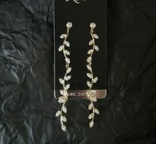 Wedding Bridal Drop Vine Earrings Gold Leaf Rustic Boho Diamanté dangly bride 