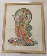Geisha Girl Cross stitch completed Oriental lady framed