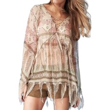 Kate Moss Topshop NWT Feather Aztec Print Fringe Fairycore Flowy Blouse Sz 8