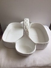 White Pottery Basket Weave Handled Strawberry Dish